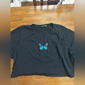 Black T-Shirt with Blue Butterfly Embroidery